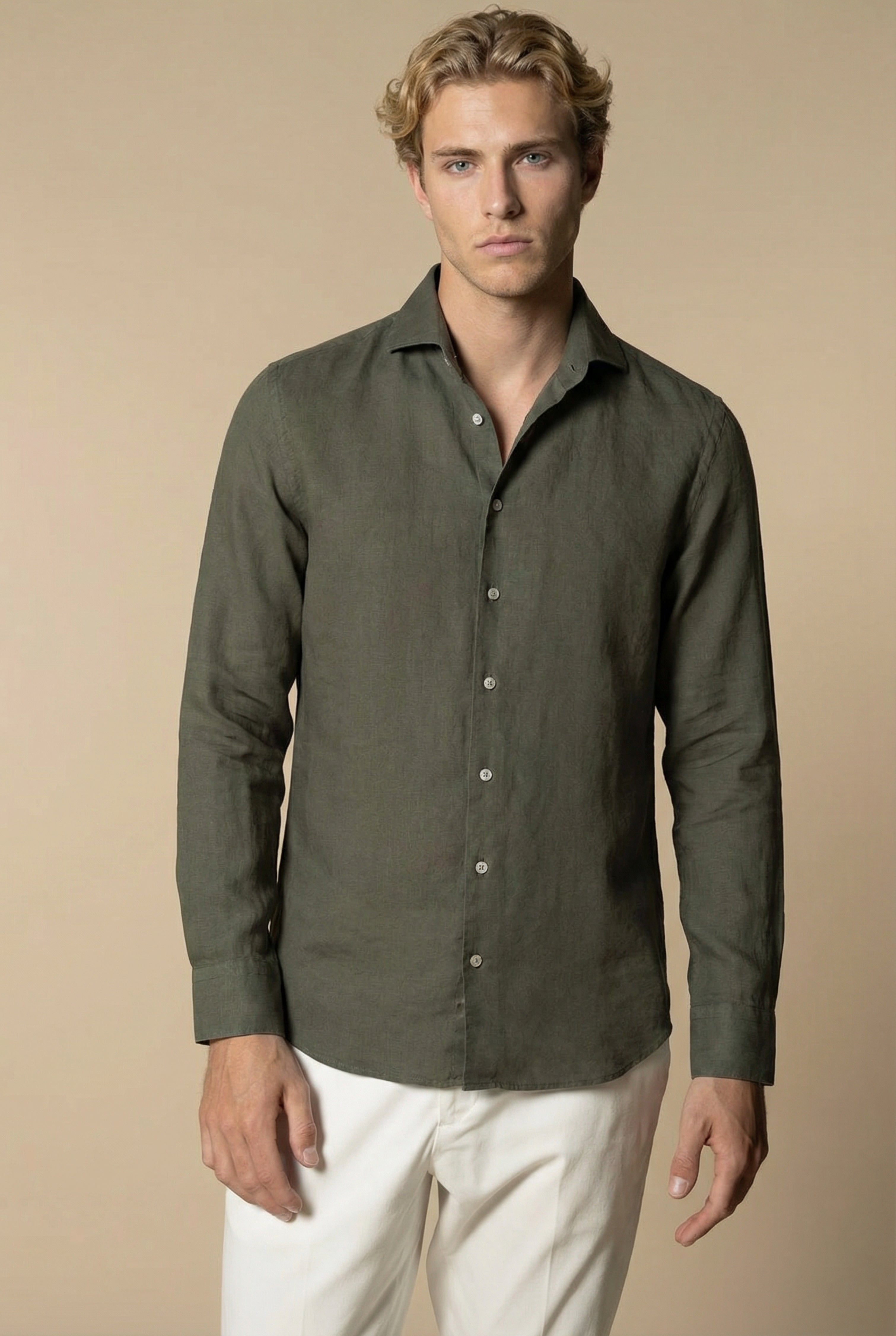 Long Sleeve Linen Shirt Olive