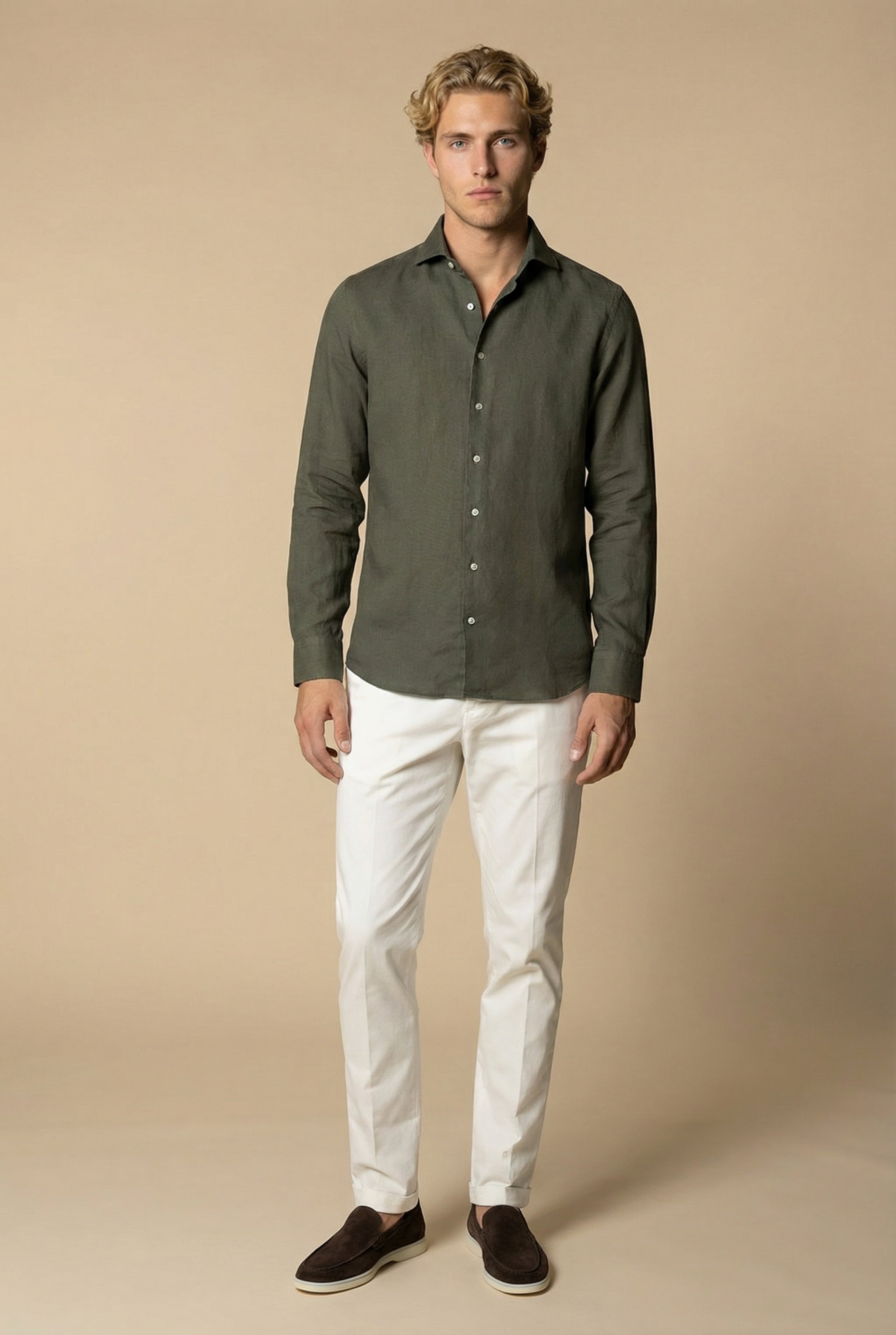 Long Sleeve Linen Shirt Olive