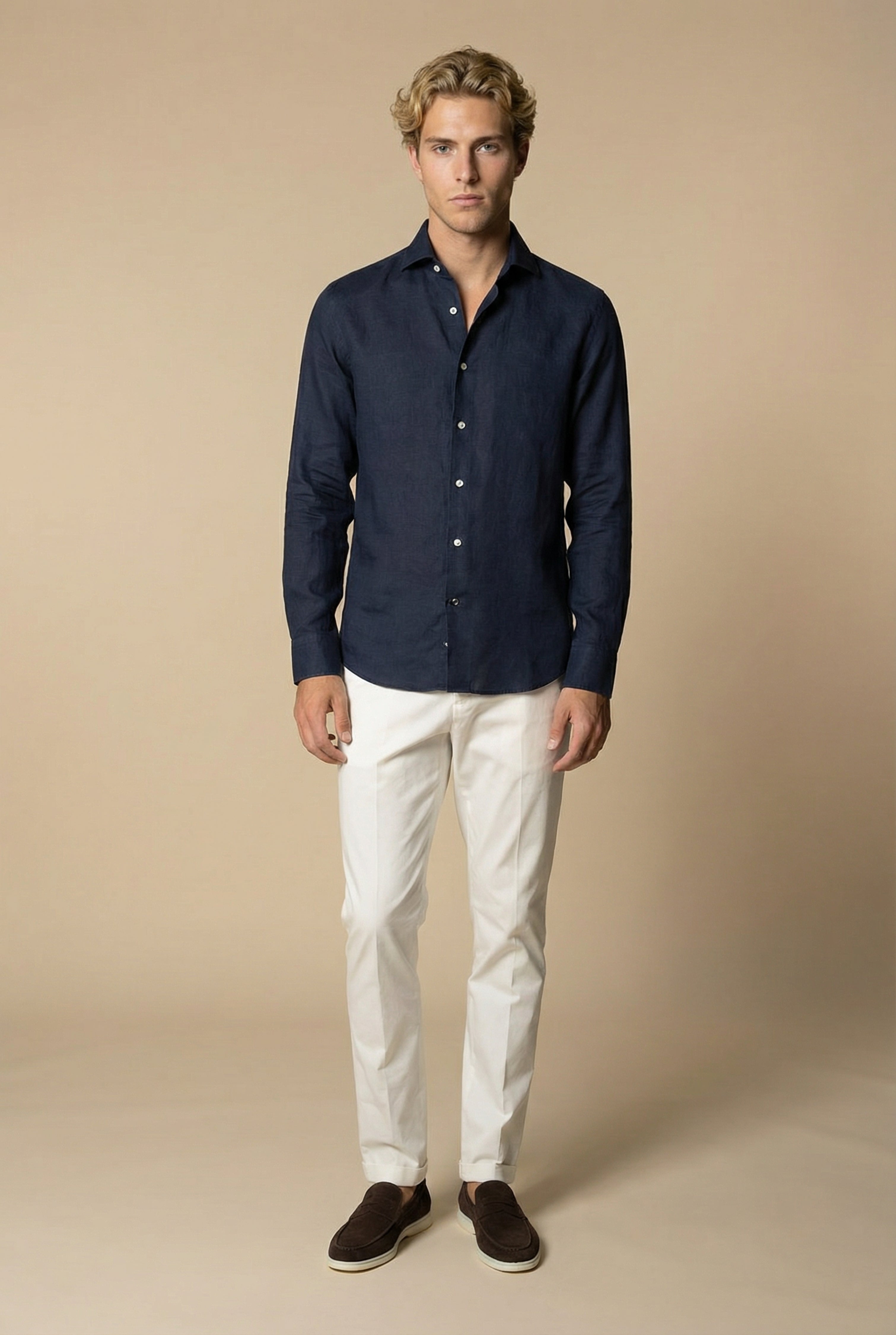 Long Sleeve Linen Shirt Navy